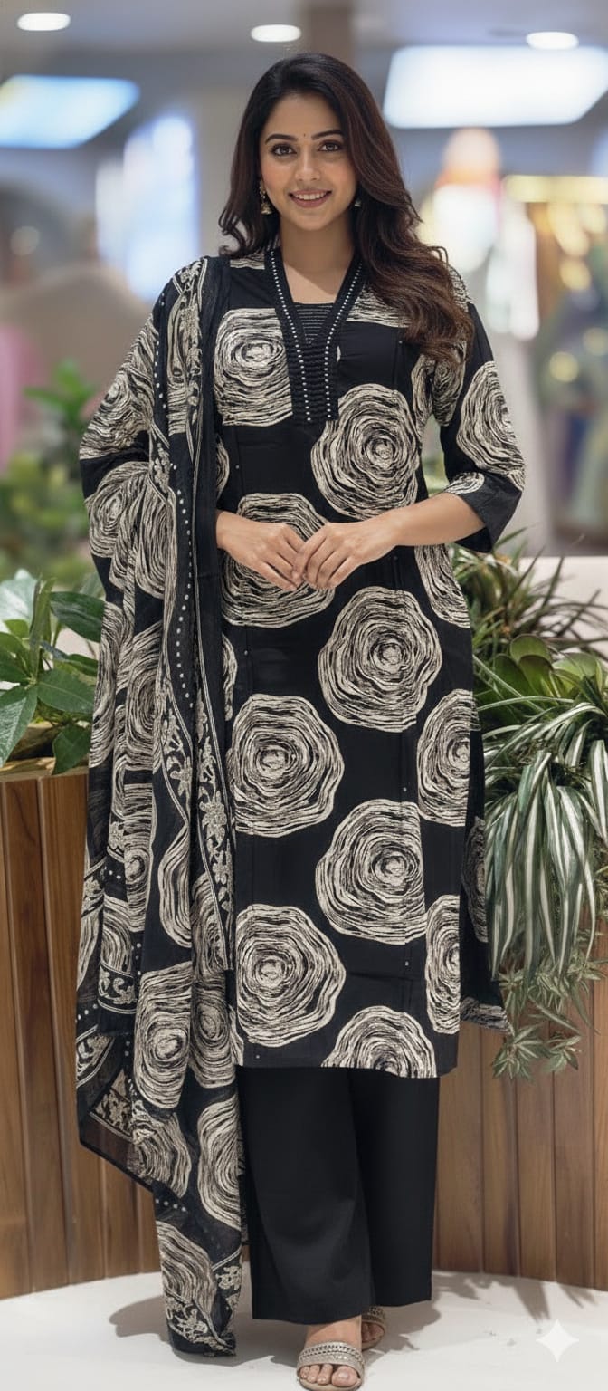Nightmare Rounded Rose Printed Pleated Neck With Cut-Dana Upwork Cotton Full Suit Set With Dupatta