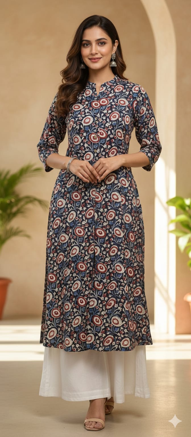 Mango Buti Leaf Printed V-Neck Cotton Laced A-Line Kurti Only-13683 (Dispatching After 1 Week)