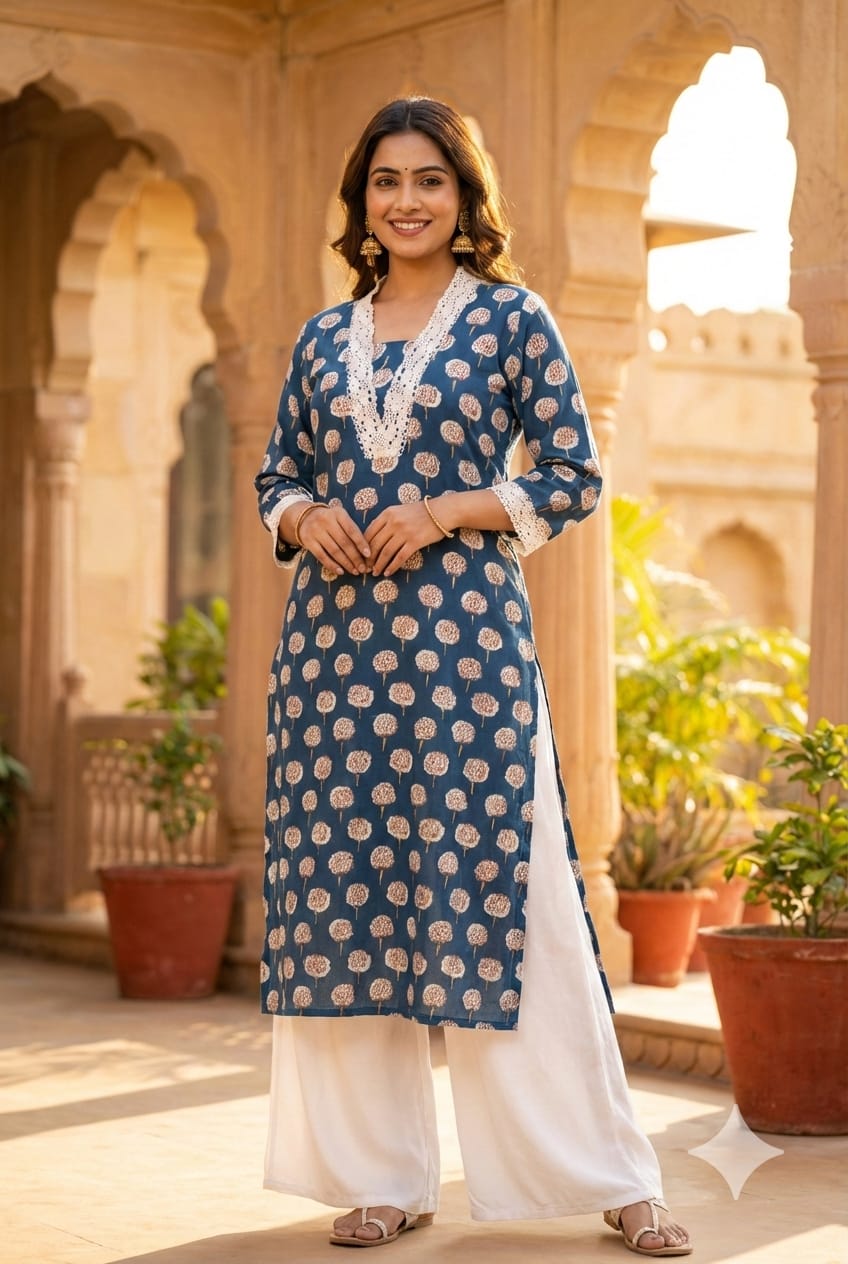 Cotton Kurti Earthy Trendy Printed Crosia Laced V-Neck Kurti Only -13683(Dispatching After 1 Week)