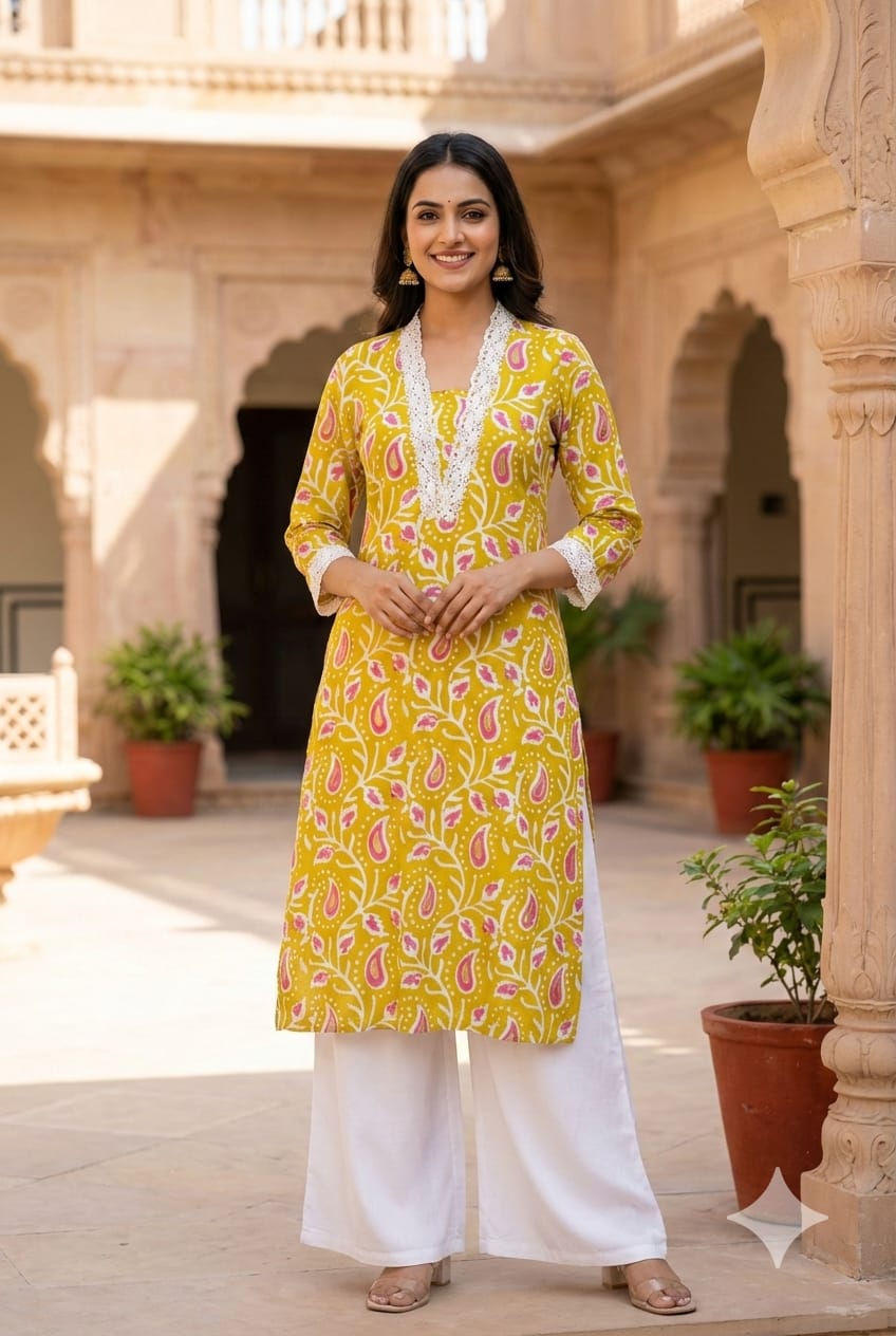 Mango Buti Leaf Printed V-Neck Cotton Laced A-Line Kurti Only-13683 (Dispatching After 1 Week)