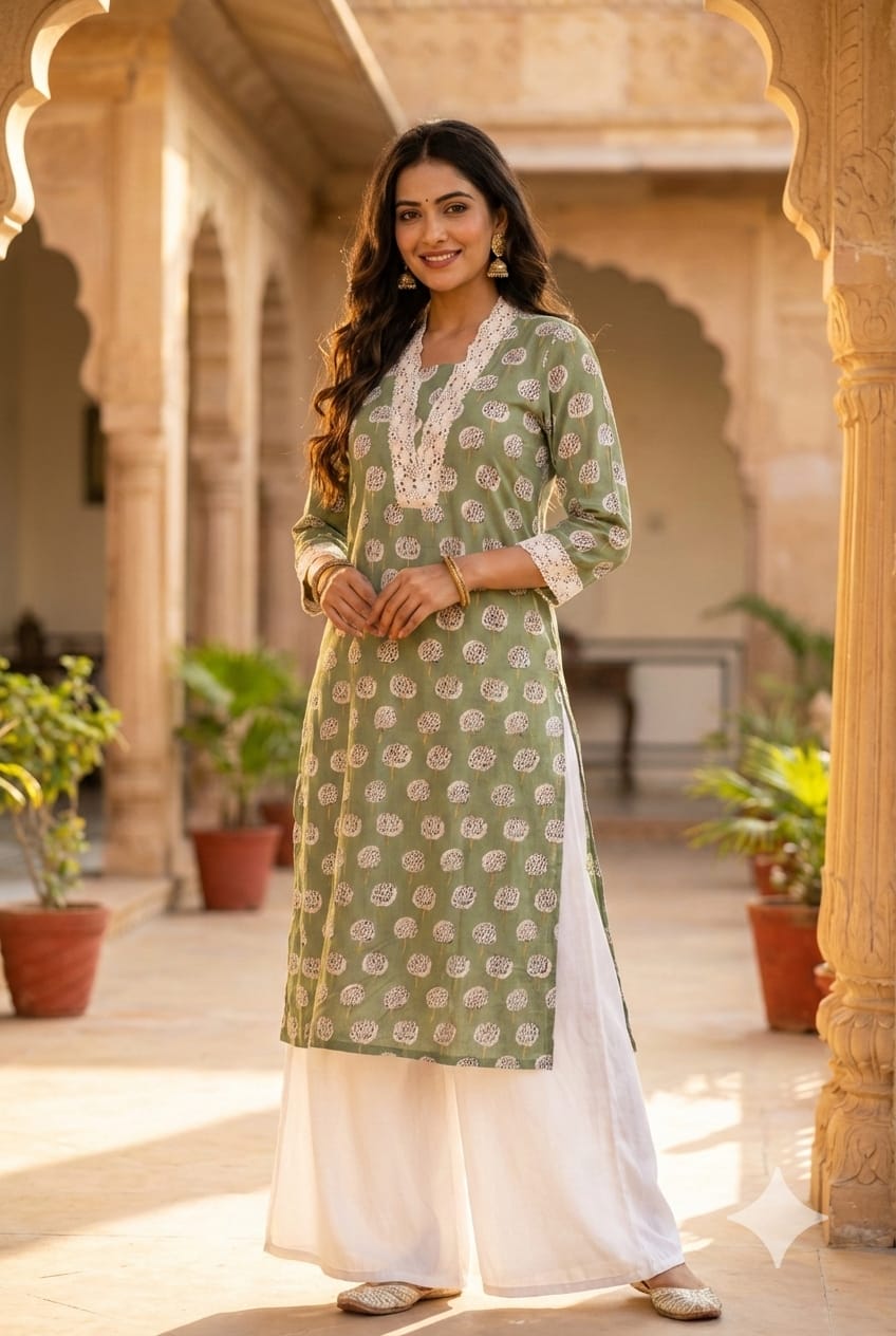 Cotton Kurti Earthy Trendy Printed Crosia Laced V-Neck Kurti Only -13683(Dispatching After 1 Week)