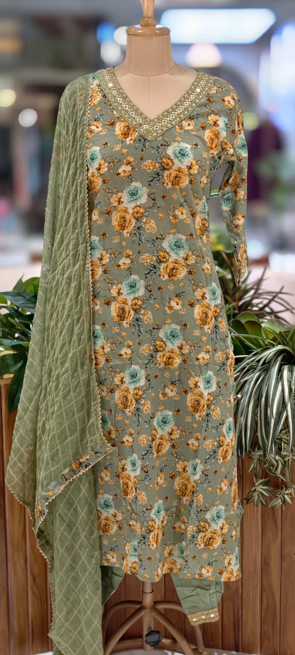 Ash Elegance Rosy Digital Print 3-Piece Full Suit Set With Dupatta In Cotton Fabric