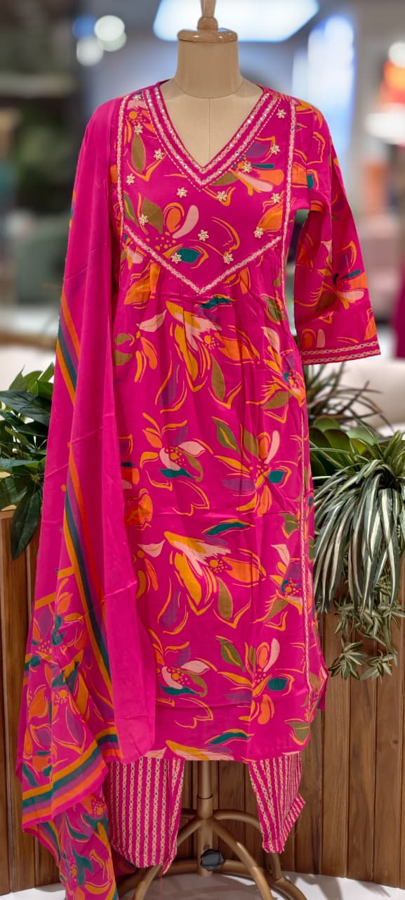 Vibrant Rani Pink Floral Printed 3-Piece Suit Set with Embellished V-Neck Kurti, Matching Bottom & Coordinated Dupatta
