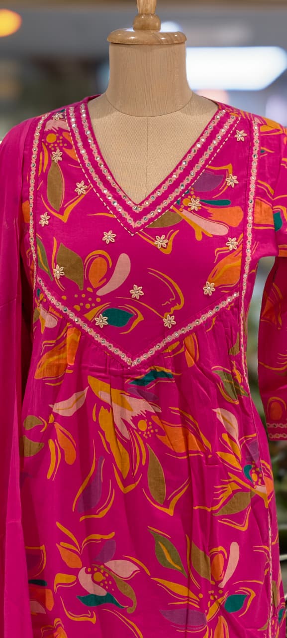 Vibrant Rani Pink Floral Printed 3-Piece Suit Set with Embellished V-Neck Kurti, Matching Bottom & Coordinated Dupatta
