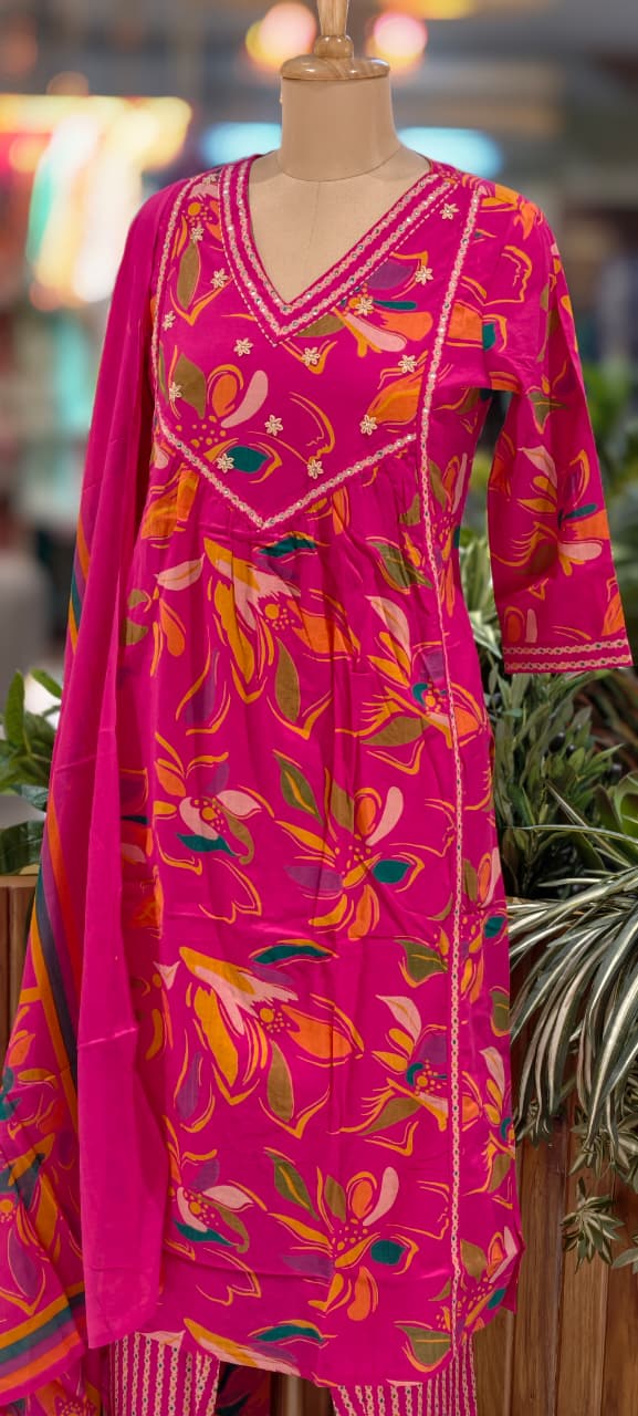 Vibrant Rani Pink Floral Printed 3-Piece Suit Set with Embellished V-Neck Kurti, Matching Bottom & Coordinated Dupatta