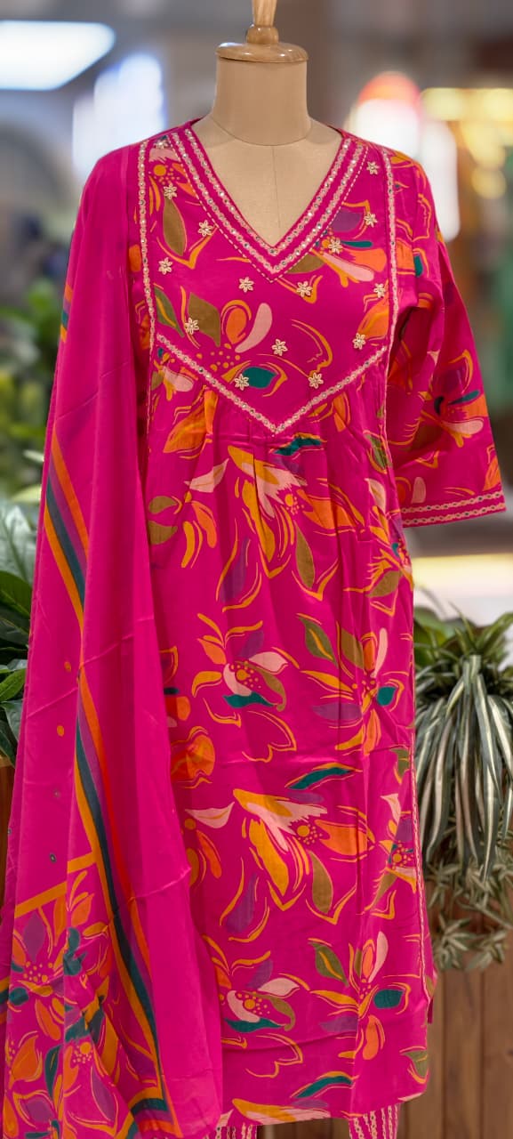 Vibrant Rani Pink Floral Printed 3-Piece Suit Set with Embellished V-Neck Kurti, Matching Bottom & Coordinated Dupatta