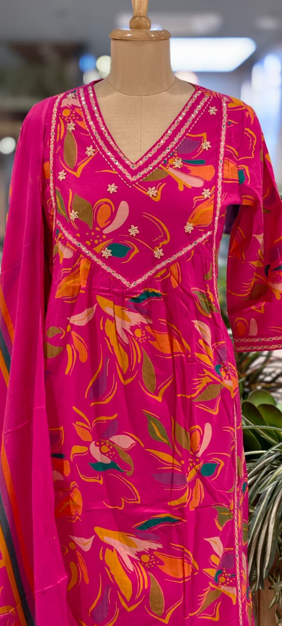 Vibrant Rani Pink Floral Printed 3-Piece Suit Set with Embellished V-Neck Kurti, Matching Bottom & Coordinated Dupatta