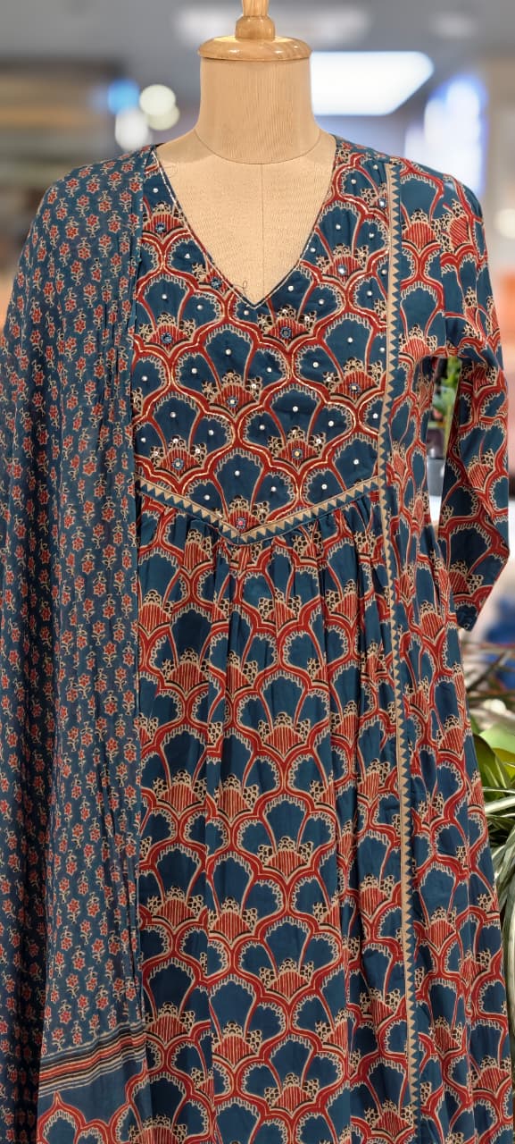 Classic Cotton Anarkali Navy Blue Printed Kurta with Contrast Border Detailing Full Suit 13680