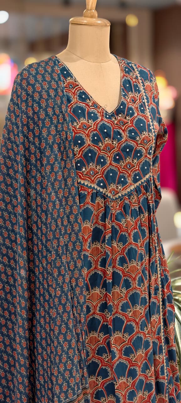 Classic Cotton Anarkali Navy Blue Printed Kurta with Contrast Border Detailing Full Suit 13680