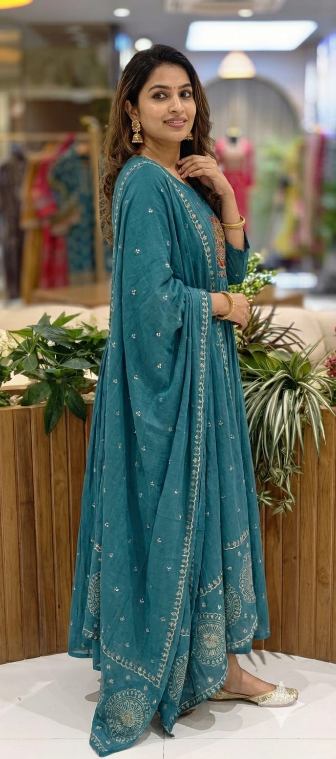 Embroidered Cotton Kurta Set with Peacock Motif Yoke Anarkali Style Kurta Set & Matching Dupatta