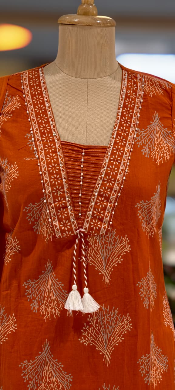 Cotton Elegant Hand block Print Kurta Set with Intricate Border Detailing & Tassel Tie-Up Neck Full Suit Set