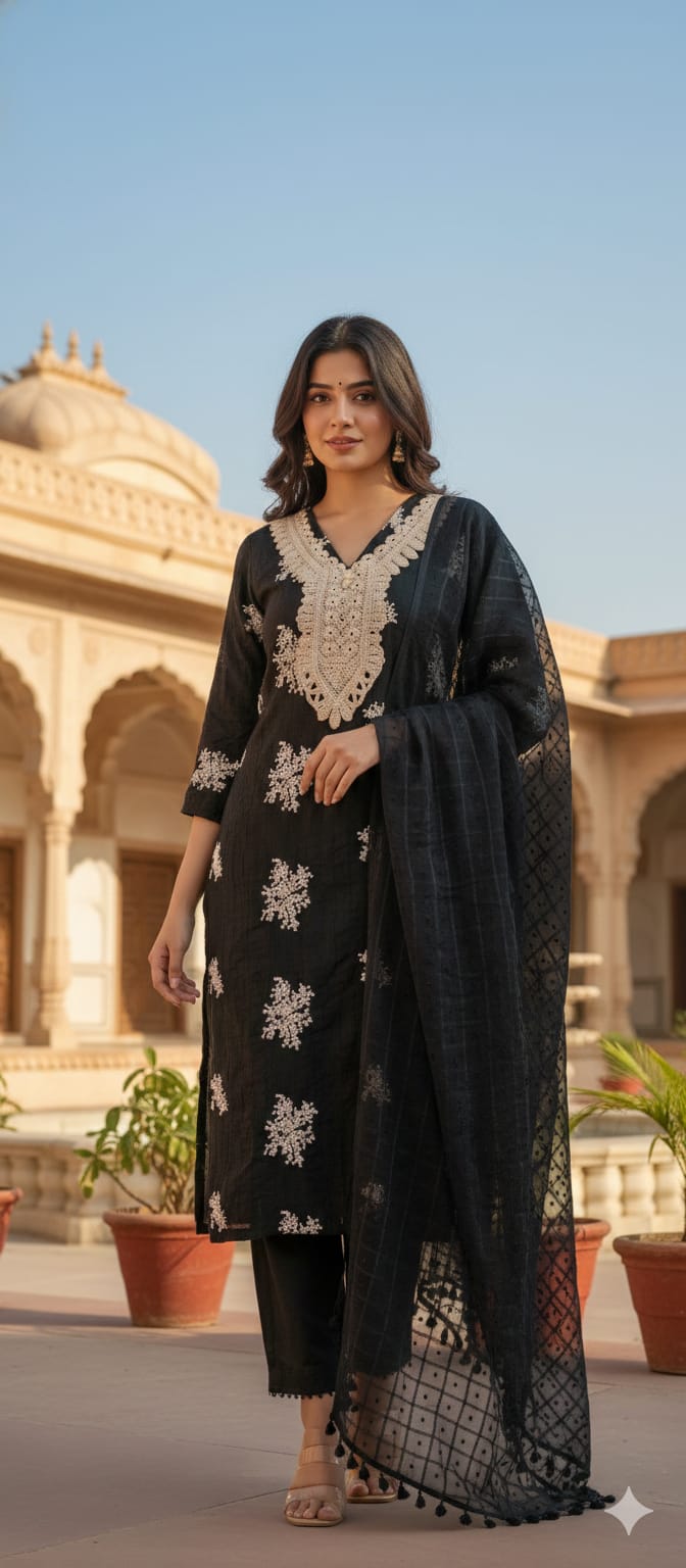 Crochet Lace Detailed Thread-Work Ethnic Ensemble Premium Cotton Full Suit Set With Dupatta-13685 RB131