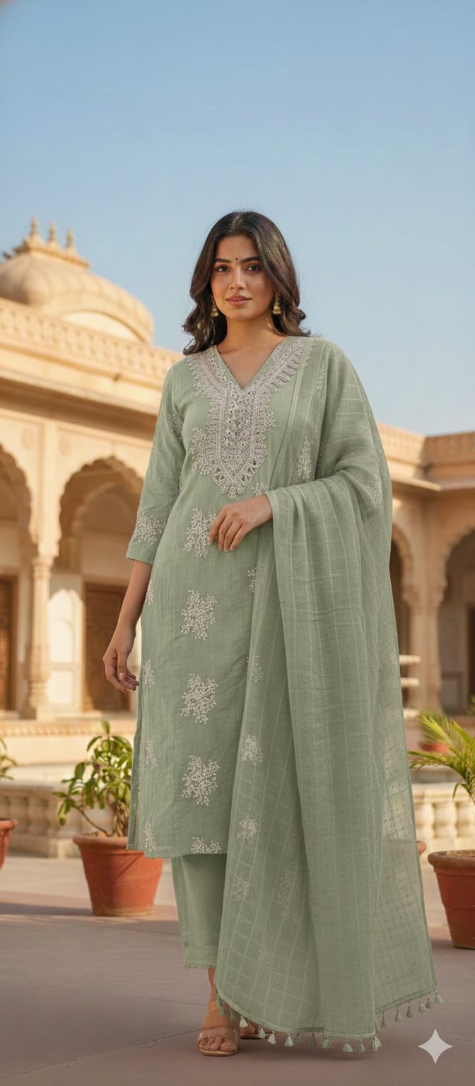 Crochet Lace Detailed Thread-Work Ethnic Ensemble Premium Cotton Full Suit Set With Dupatta-13685 RB131