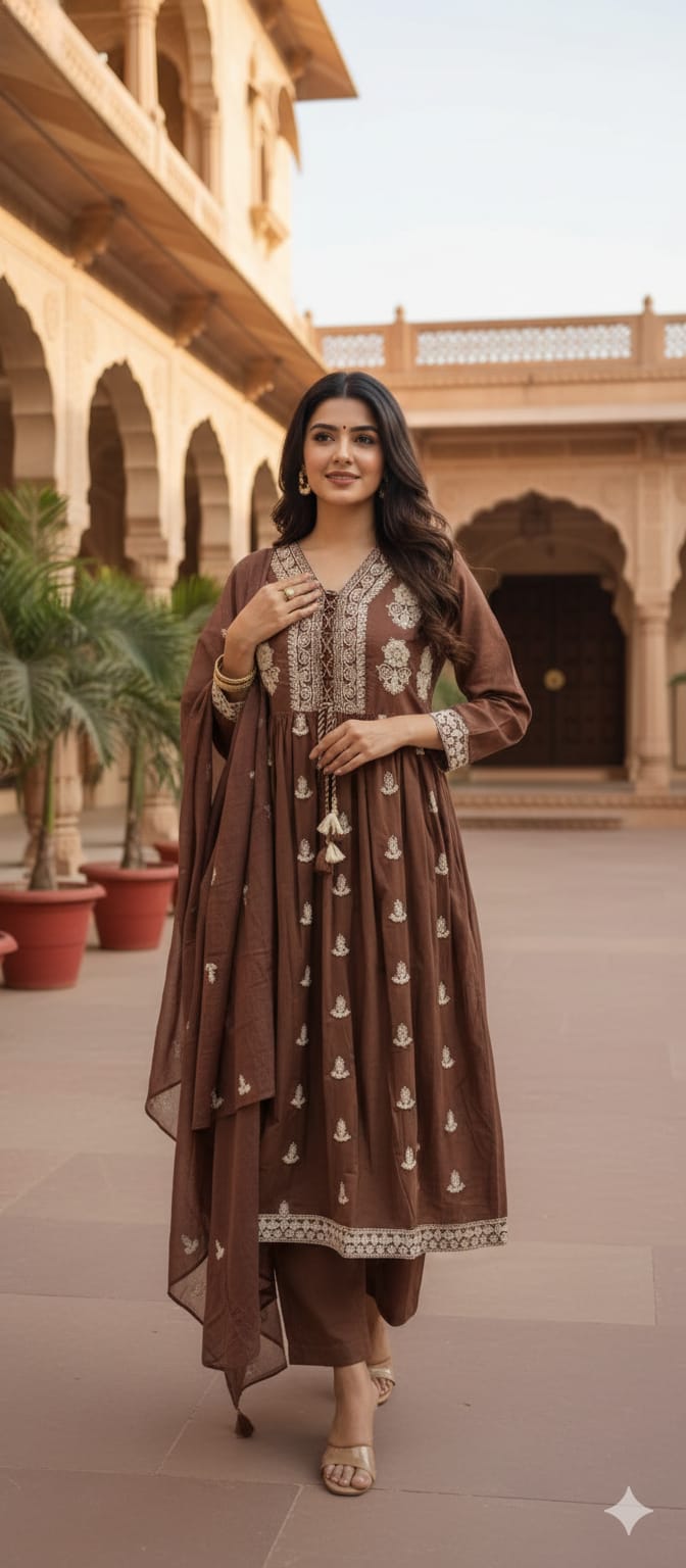 Premium Brown Embroidered Kurti Dress with Heavy Front Lace Work, Ethnic Motif Detailing Full Suit Set In Cotton Fabric- 13680