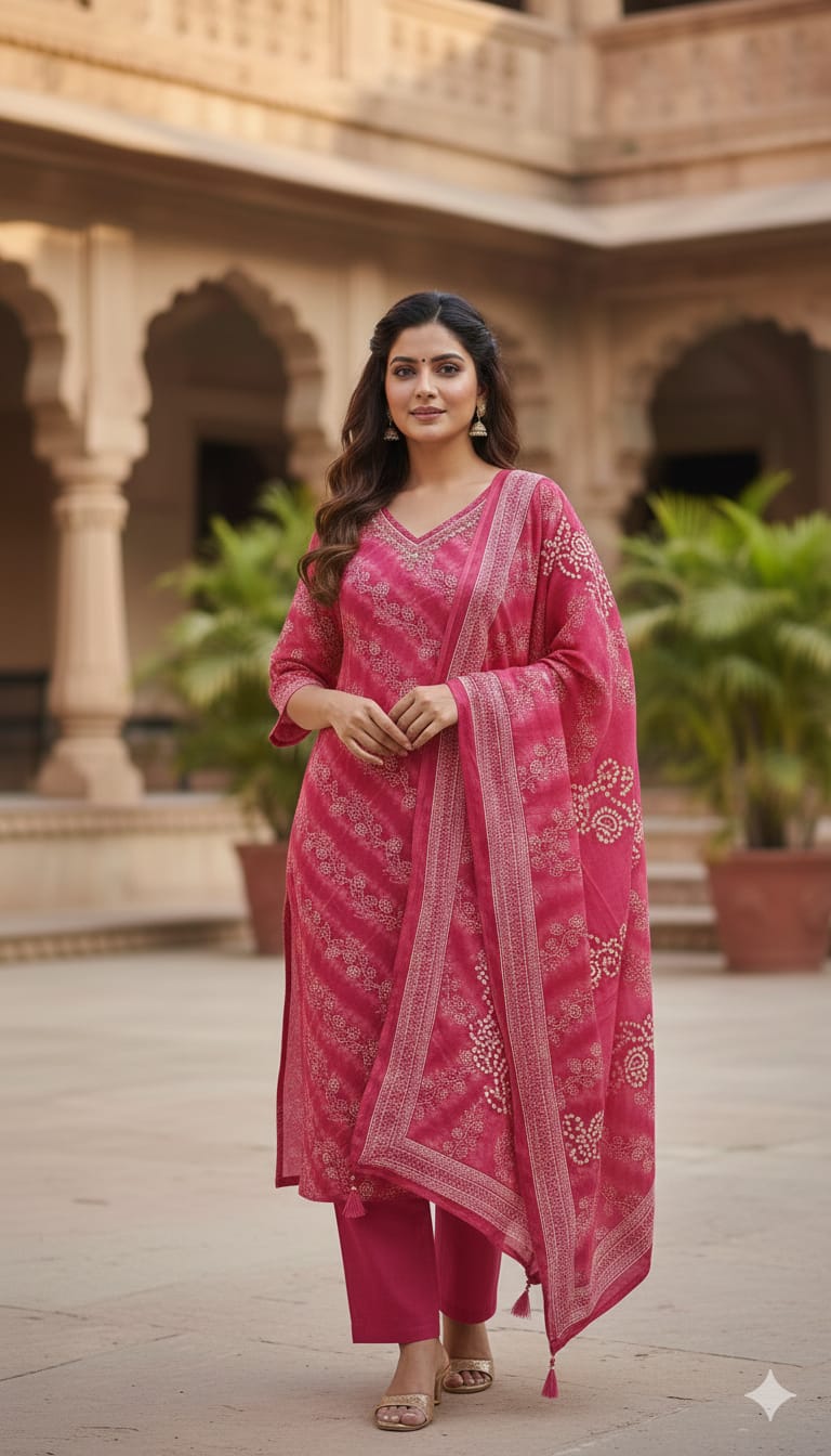 Rani Pink Bandhej Inspired Printed Kurti Set with Embellished V-Neck Detailing Full Set In Cotton Fabric