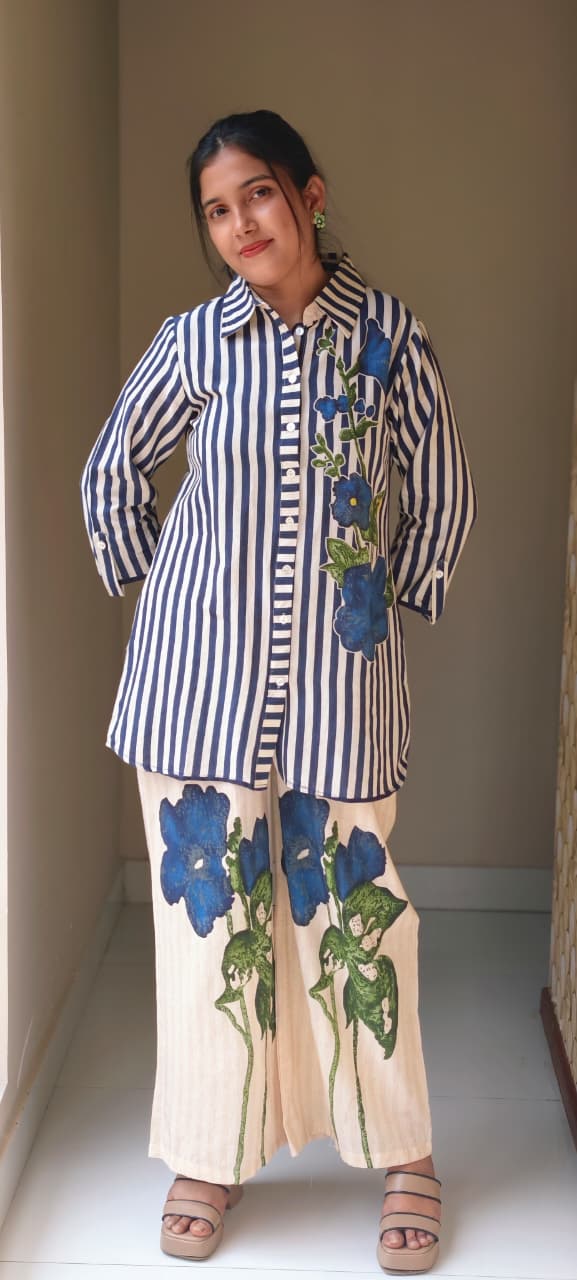 Premium Vertical Stripe Cotton Co-Ord Set with Bold Blue Floral Accent and Smart Collar Neck 13701