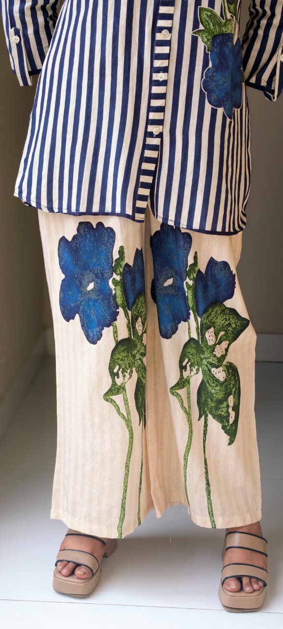 Premium Vertical Stripe Cotton Co-Ord Set with Bold Blue Floral Accent and Smart Collar Neck 13701