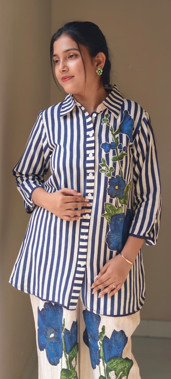Premium Vertical Stripe Cotton Co-Ord Set with Bold Blue Floral Accent and Smart Collar Neck 13701