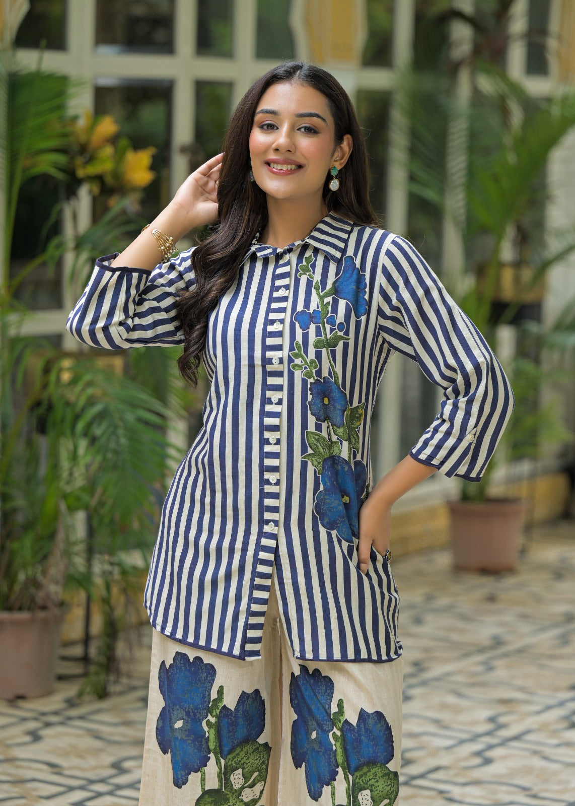 Premium Vertical Stripe Cotton Co-Ord Set with Bold Blue Floral Accent and Smart Collar Neck 13701