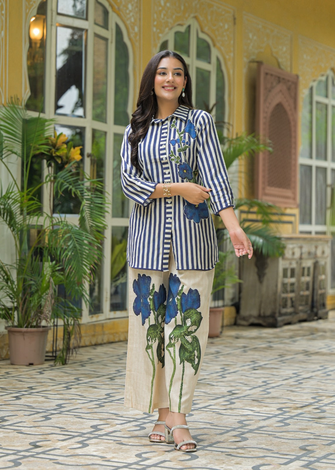 Premium Vertical Stripe Cotton Co-Ord Set with Bold Blue Floral Accent and Smart Collar Neck 13701