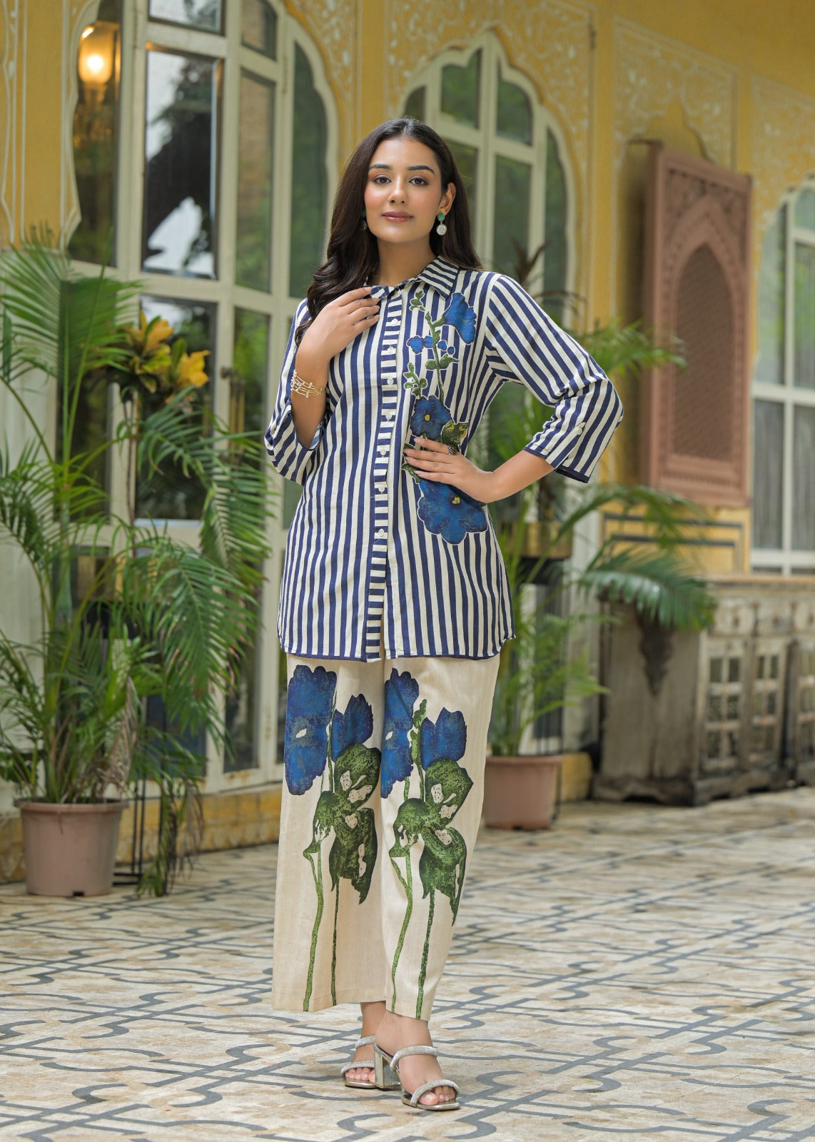 Premium Vertical Stripe Cotton Co-Ord Set with Bold Blue Floral Accent and Smart Collar Neck 13701