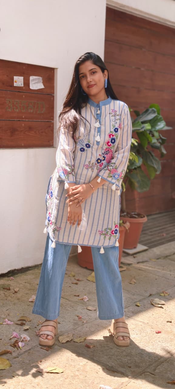 Elegant Blue Striped Pure Cotton Co-Ord Set with lining Floral Embroidery & Tassel Detailing 13727