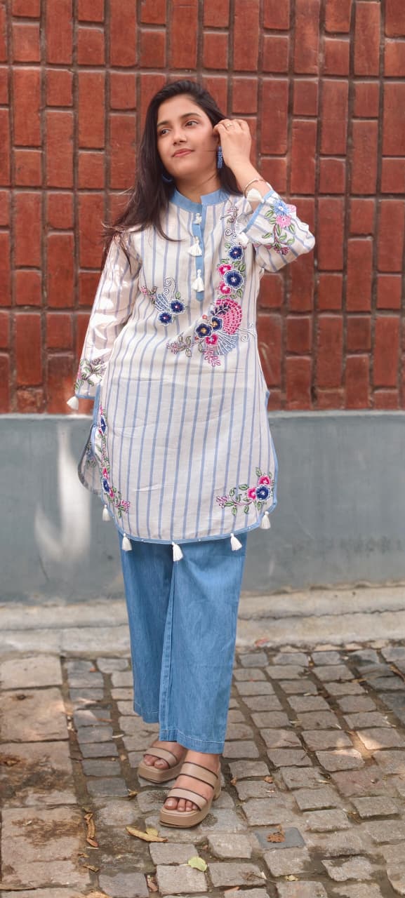 Elegant Blue Striped Pure Cotton Co-Ord Set with lining Floral Embroidery & Tassel Detailing 13727