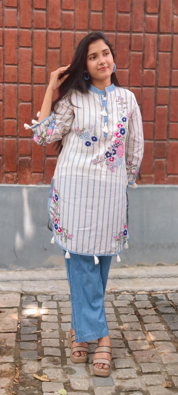 Elegant Blue Striped Pure Cotton Co-Ord Set with lining Floral Embroidery & Tassel Detailing 13727