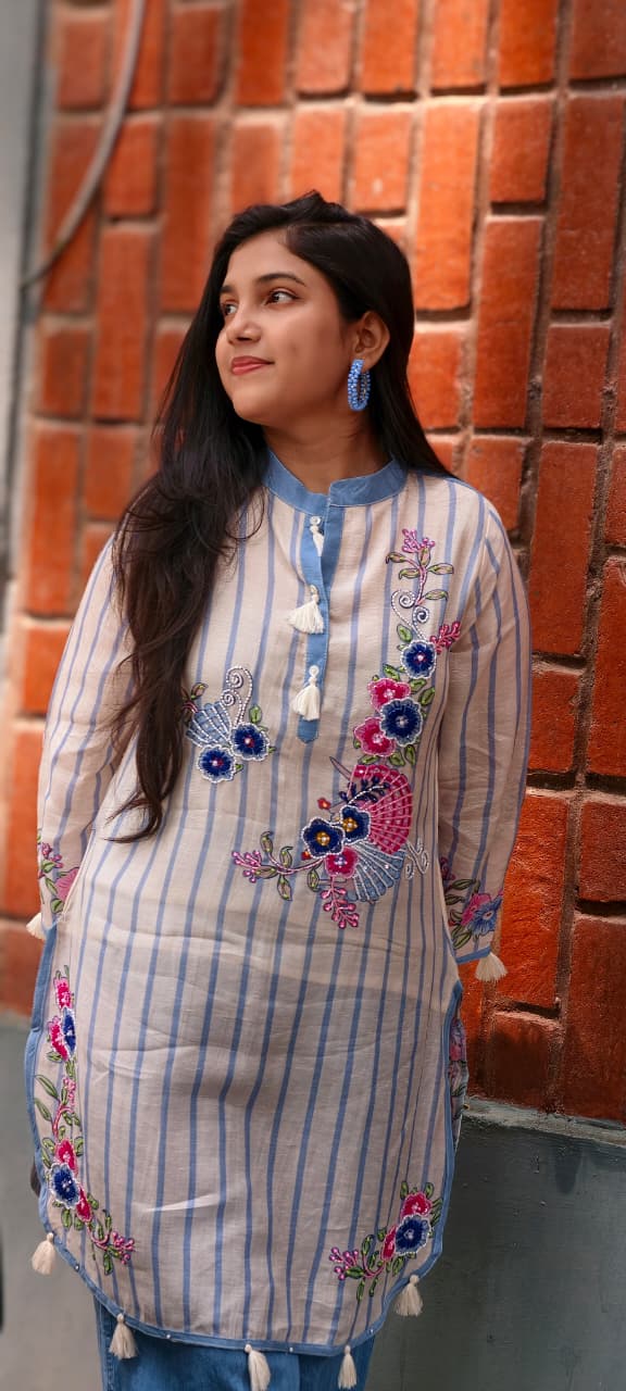 Elegant Blue Striped Pure Cotton Co-Ord Set with lining Floral Embroidery & Tassel Detailing 13727