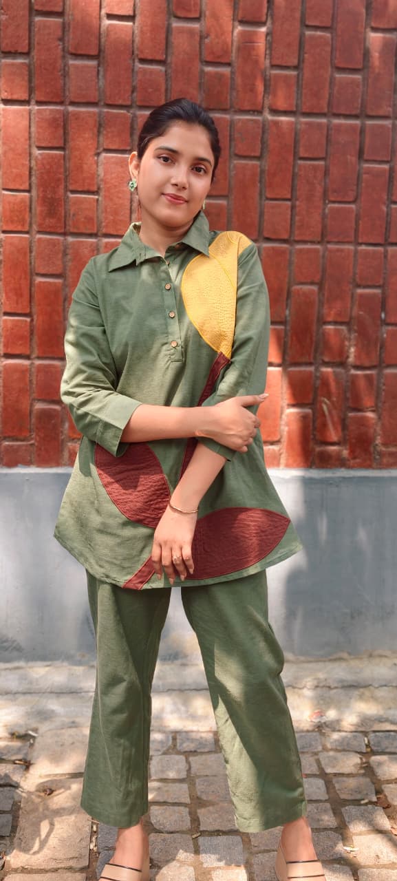 Elegant Olive Green Pure Cotton Co-Ord Set with Abstract Leaf Patchwork Design 13691