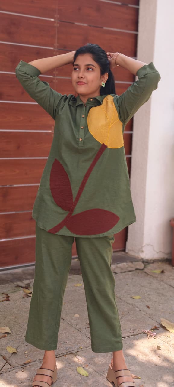 Elegant Olive Green Pure Cotton Co-Ord Set with Abstract Leaf Patchwork Design 13691