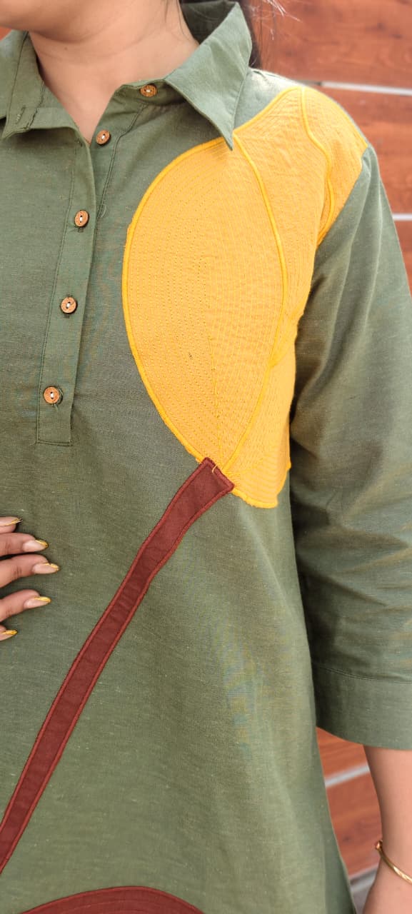 Elegant Olive Green Pure Cotton Co-Ord Set with Abstract Leaf Patchwork Design 13691