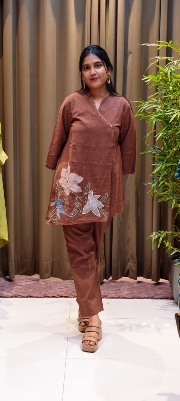 Earthy Brown Cotton Co-Ord Set with Floral Appliqué Embroidery & Straight Pants