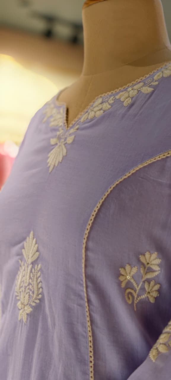 Chikankari Thread Embroidered Pastel Tone Soft A-Line Full Suit Set With Dupatta- 13703