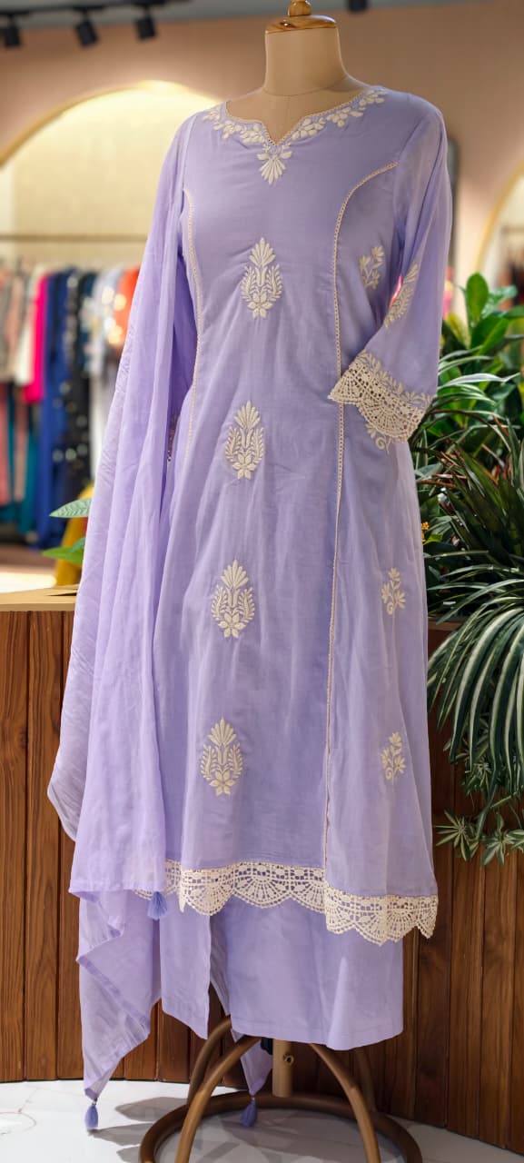 Chikankari Thread Embroidered Pastel Tone Soft A-Line Full Suit Set With Dupatta- 13703