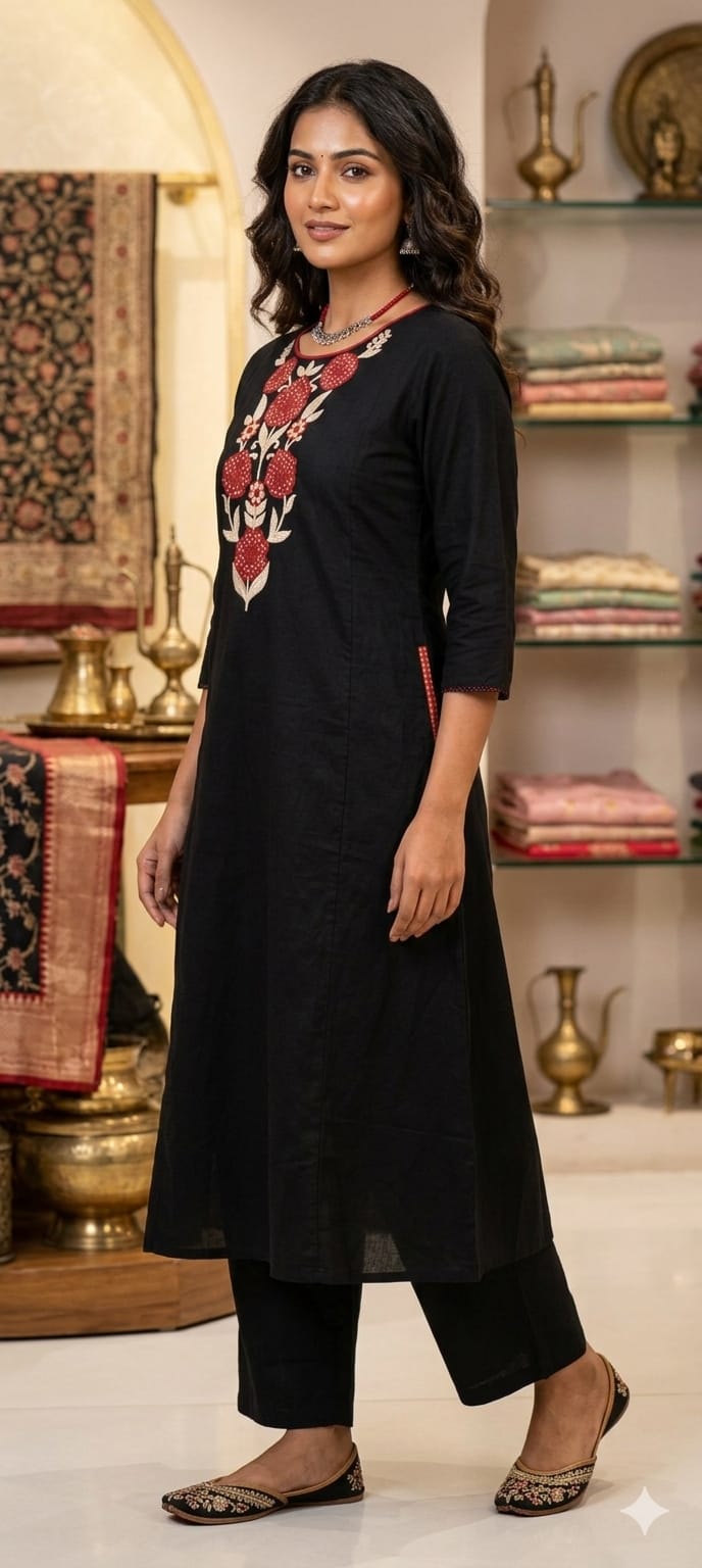 Floral Yoke Thread Embroidered A-Line Cotton Kurta Pant Set With Side Pockets- 13714