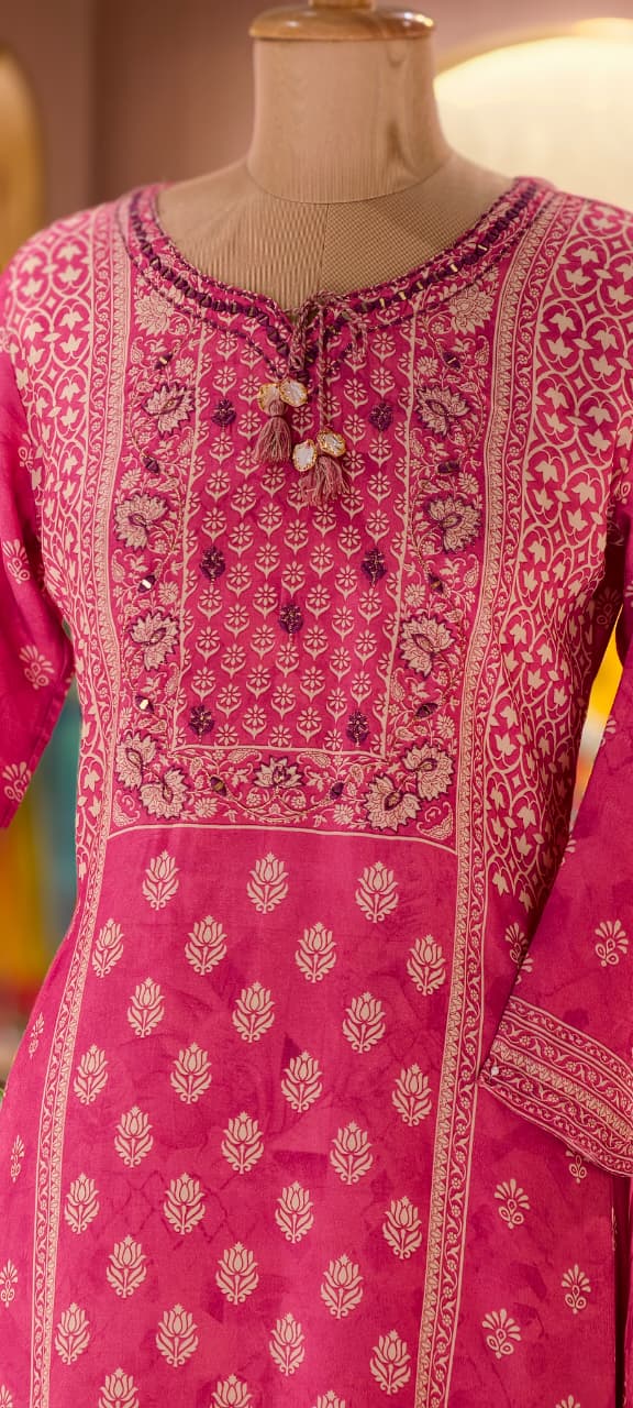 Traditional Print Tasselled Neck A-Line Muslin Kurti Only (Slightly Lean Fit)