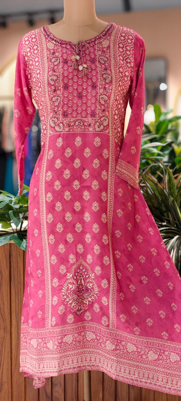 Traditional Print Tasselled Neck A-Line Muslin Kurti Only (Slightly Lean Fit)