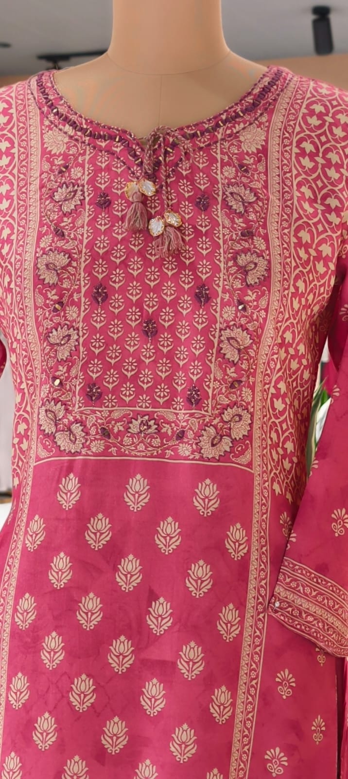 Traditional Print Tasselled Neck A-Line Muslin Kurti Only (Slightly Lean Fit)