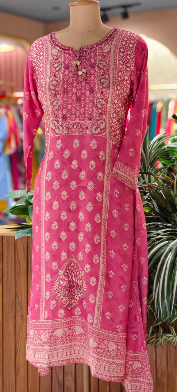 Traditional Print Tasselled Neck A-Line Muslin Kurti Only (Slightly Lean Fit)