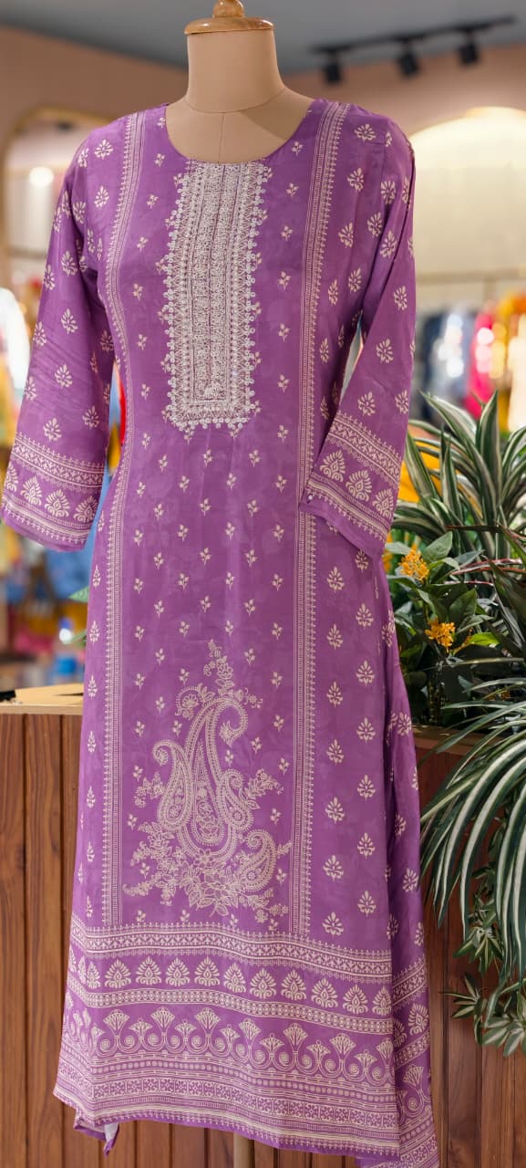 Placement Printed Beautiful Front Yoke Neckline A-Line Muslin Kurti Only