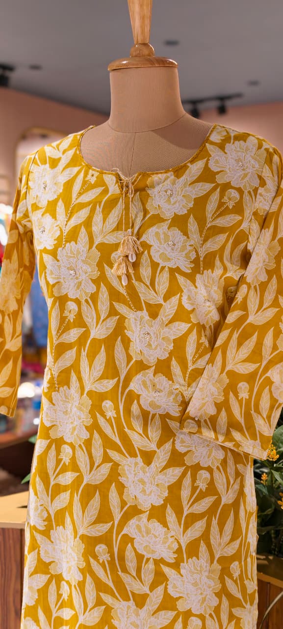 Sheer Elegance Summer Tone Leafy Floral Printed Cotton Kurti Only