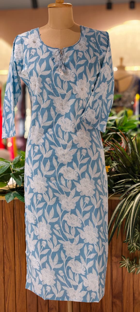 Sheer Elegance Summer Tone Leafy Floral Printed Cotton Kurti Only