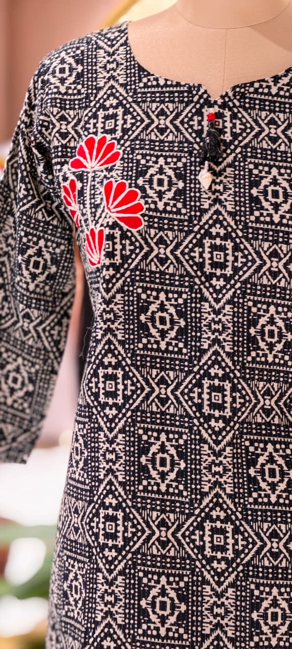 Abstract Print With Floral Embroidery Cotton Kurti Only (Slightly Lean Fit)