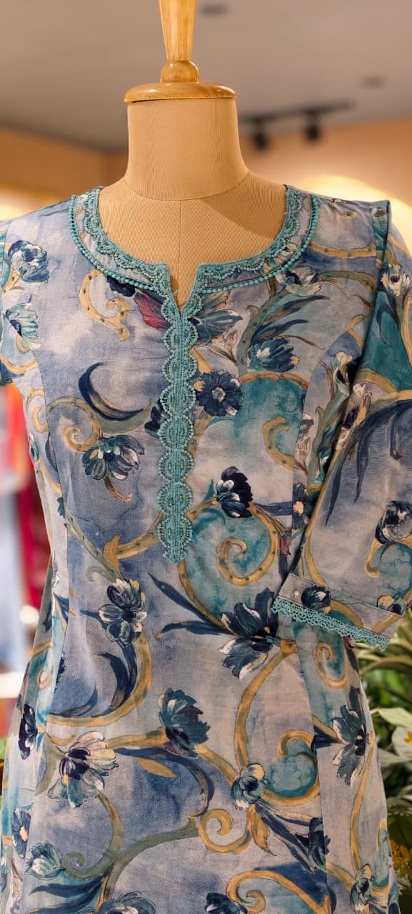 Aline Floral Textured Crosia Neck Line Cotton Kurti Only No Side Slit  (Slightly Lean Fit)