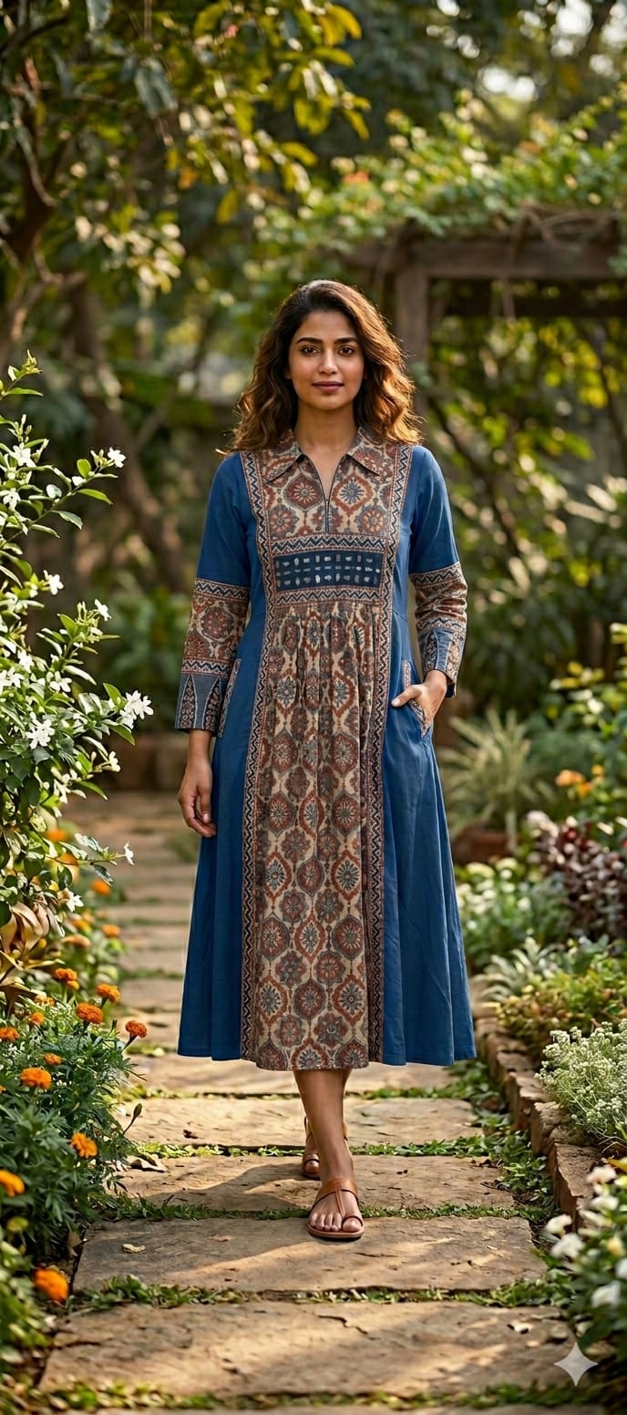 Ajrakh Ethnic Block Print Pleated A-Line Ankle Length Frock In Cotton Fabric-13184