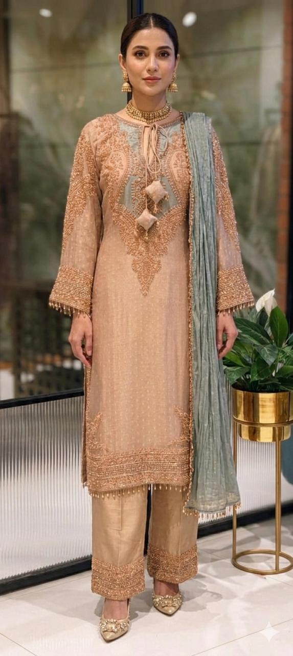 Royal Jade Hand-Embellished Premium Sheer High-End Pure Pakistani Full Suit Set With Tasseled Dupatta