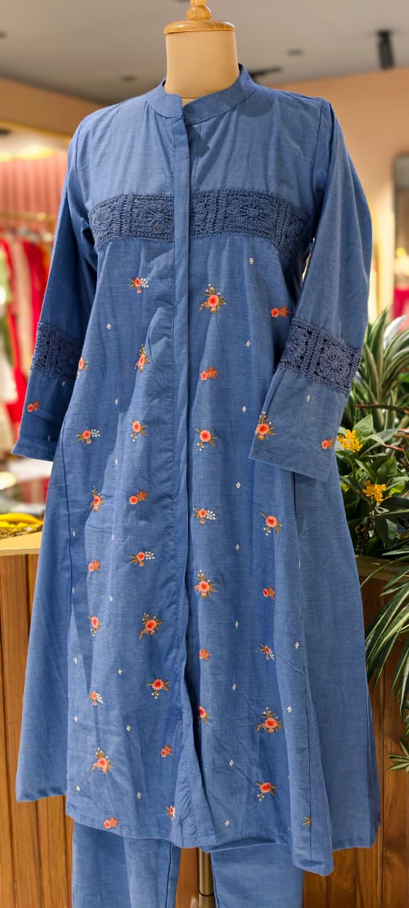 Denim Look Cute Crosia Work Over Waist Floral Embroidery A-Line Kurta Pant Set- 13725