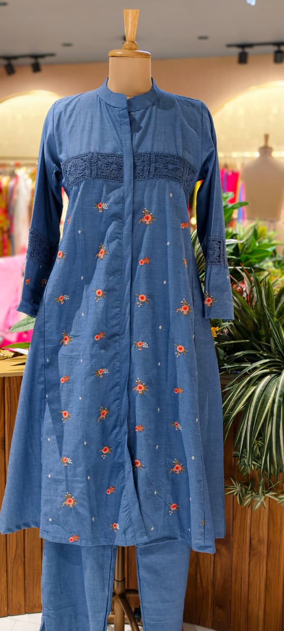 Denim Look Cute Crosia Work Over Waist Floral Embroidery A-Line Kurta Pant Set- 13725