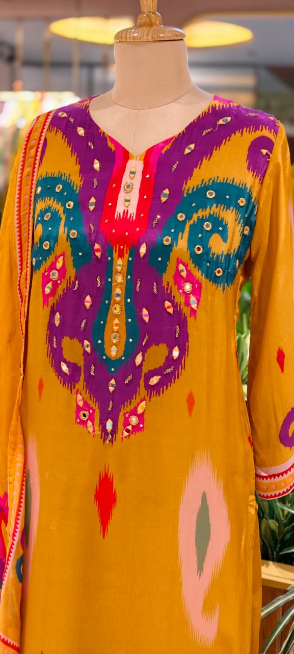 Ikkat Print Vibrant Color Combination Real Mirror Elegance Crepe Full Suit Set With Organza Dupatta, Lining Inside (Slightly Lean Fit)- 13754